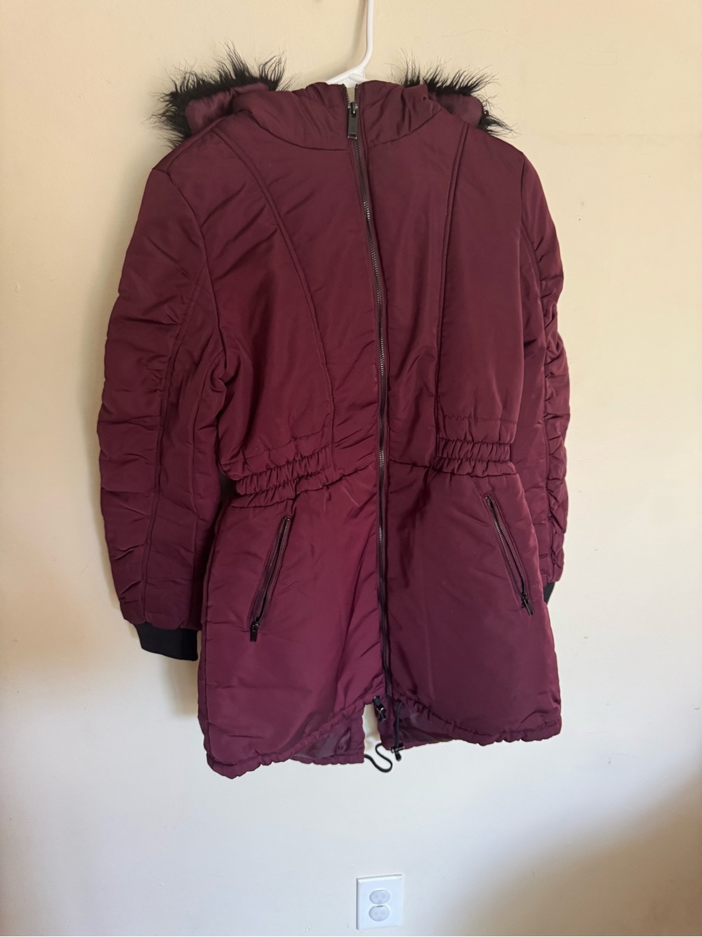 Guess Women's Burgundy Hooded Puffer with Faux Fur Trim